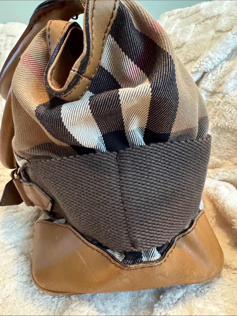 Burberry Beige Plaid and Brown Leather Satchel - Picture 9 of 15